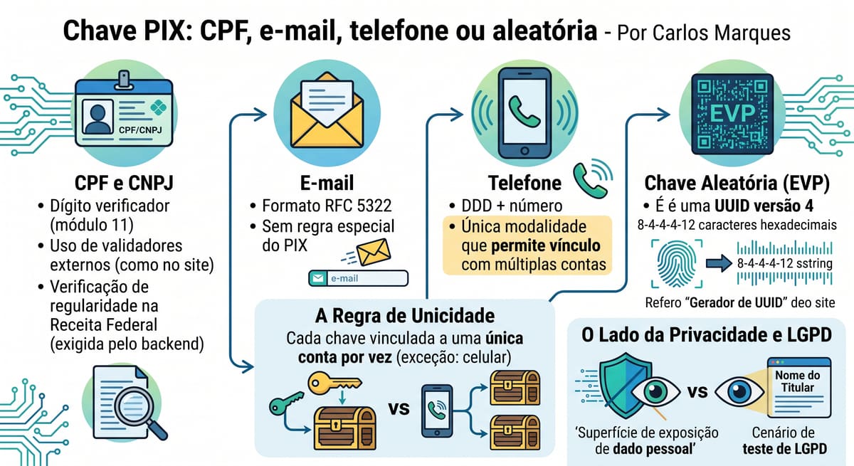 Chave PIX: CPF, e-mail, telefone ou chave aleatória (UUID) e o que testar em cada modalidade